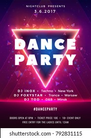 Dance party poster vector background template with particles, lines, highlight and modern geometric shapes in pink and blue colors. Triangle glowing portal. Music event flyer or banner abstract