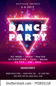 Dance party poster vector background template with particles, lines, highlight and 3d triangles geometric shapes in pink, purple and blue colors. Music event flyer or banner abstract