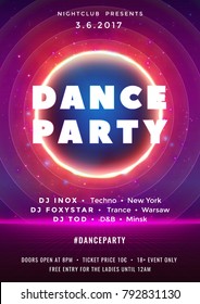 Dance party poster vector background template with particles, lines, highlight and circle glowing portal. Music event flyer or banner abstract