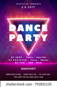 Dance party poster vector background template with particles, lines, highlight and modern geometric shapes in pink and blue colors. Triangle glowing portal. Music event flyer or banner abstract