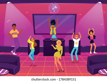 Espectáculo de baile con personajes jóvenes bailarines y DJ en el interior de la discoteca. Club de baile y música disco o salón bar, ilustración vectorial de dibujos animados planos.