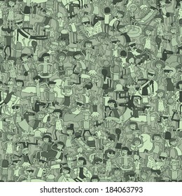 Dance party seamless pattern with doodled youngsters having fun. Illustration is in eps8 vector mode, background on separate layer. 