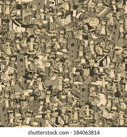 Dance party seamless pattern with doodled youngsters having fun. Illustration is in eps8 vector mode, background on separate layer. 