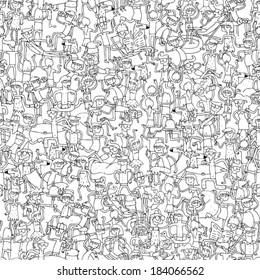 Dance party seamless pattern with doodled youngsters having fun in black and white. Illustration is in eps8 vector mode, background on separate layer. 