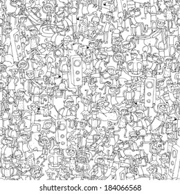 Dance party seamless pattern with doodled youngsters having fun in black and white. Illustration is in eps8 vector mode, background on separate layer. 