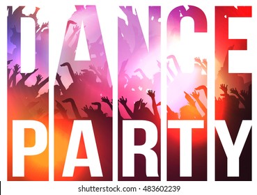 Dance Party Typography Background with Crowd - Vector Illustration
