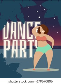 Dance party - vector illustration with dancing woman on the beach