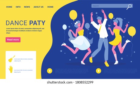 Dance party web page design with youth happily skipping amidst floating balloons blue yellow background vector illustration