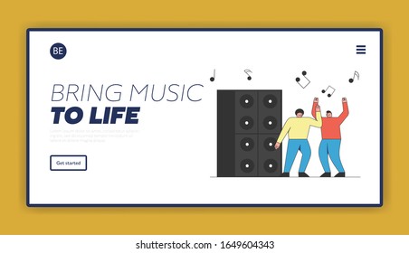 Dance Party Website Landing Page Concept. Two Men Having Fun And Dancing At Disco Music Club. Black Notes And Big Speakers On the Background. Cartoon Outline Linear Flat Vector illustration.