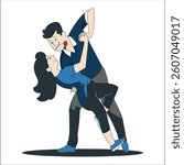 Dance with passion, two people and rose. Man and woman dancing romantic tango vector illustration. Female in red dress and man in suit with rose in teeth flat style. Dance class, art, leisure. 2669