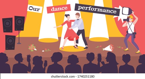 Espectáculo de danza en salón de baile con un hombre y una niña bailando en la escena del auditorio frente a la sala   ilustración vectorial plana de audiencia