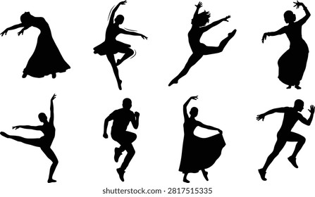 Dance pictogram set featuring ballet, contemporary, and modern dance silhouettes