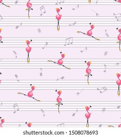 Dance of pink flamingos. Music and music notes. Little flamingo in yellow pointe shoes. Seamless pattern.