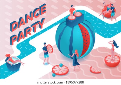 Dance pool party isometric 3d illustration with cartoon people in swimsuit, drinking cocktail, relax, dj, music, recreation spa concept, watermelon, orange, summer event background, leisure time