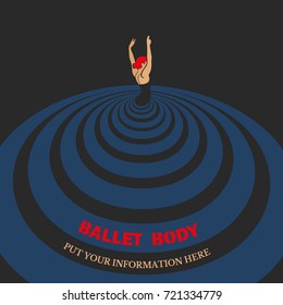 Dance poster concept. Ballet studio design template. Flat pop art. Classic or folk dance class banner background with symbol of abstract female dancer ballerina in dancing pose. Vector illustration