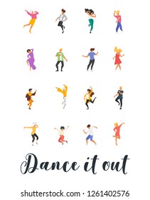 Dance poster with dancing people on white background. Vertical composition.
