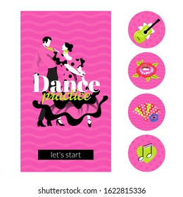 Dance practice design template in 9:16 aspect ratio with highlights icons. Dancing couple in traditional costumes. Layout with text for social media stories, promo materials.
