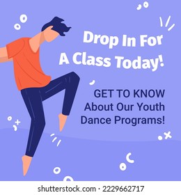 Dance program for learning and studying in studio. Practice movements and get to know new movements. Drop in class today. Lessons for adults and beginners, promotional banner. Vector in flat style