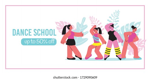 Dance school banner with cartoon female characters of teacher and pupils vector illustration