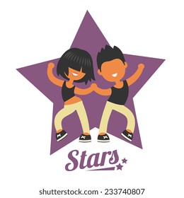 Dance school logo, twosome dancers, girl and boy dancing. None stroke cartoon flat style, vector illustration.