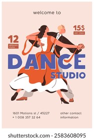 Dance school poster design. Ballroom dancers, couple partners at waltz class, advertising card, ad placard template. Promotion flyer, vertical promo banner for lessons. Flat vector illustration