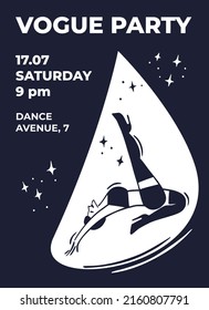 Dance school poster, leaflet template. Hot woman dancing on the stage light with a stars around. Voguing girl, Strip dance show, Frame up. Death Drop. Flat hand drawn minimal vector illustration.