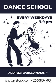 Dance school poster, leaflet template. Hot man and woman dancing the latina dance on the stage with a stars around. Salsa, Samba, Cha cha,  Rhumba‎, Jive. Flat hand drawn minimal vector illustration.