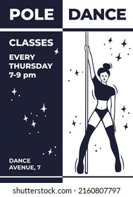 Dance school poster, leaflet template. Hot woman standing with a pole on the high heel boots on the stage with a stars around. Strip dance show. Flat hand drawn minimal vector illustration.
