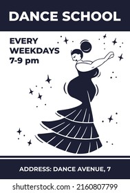 Dance school poster, leaflet template. Hot curvy woman in spanish dress dancing the flamenco on the stage, claps her hands with a stars around. Flat hand drawn minimal vector illustration.