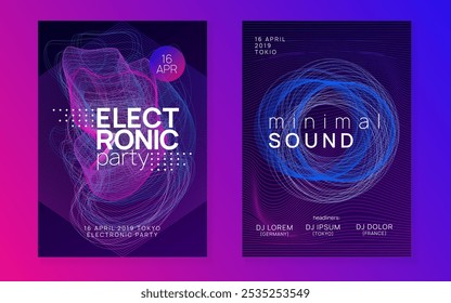 Dance Set. Electronic Beat Invitation. Fest Concert Template. Festival Cover. Techno Flyer. Blue Discotheque Event. Violet Sound Banner. Pink Dance Set