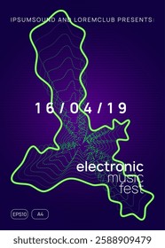 Dance Set. Green Techno Poster. Festival Invite. Electronic Disco Illustration. Blue Night Club Flyer. Dj Background. Sound Concert Element. Violet Dance Set