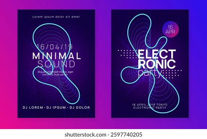 Dance Set. Pink Edm Event. Techno Festival Element. Psychedelic Beat Invitation. Fest Magazine. Violet Sound Background. Concert Cover. Blue Dance Set