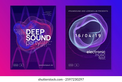 Dance Set. Pink Techno Design. Nightclub Disco Invitation. Violet Sound Poster. Electro Invite. Discotheque Trance Element. Music Event. Blue Dance Set