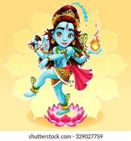 Dance of Shiva. Funny representation of eastern god, vector cartoon illustration.