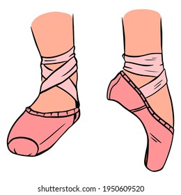 Zapatos de baile. Calzado de punta de ballet. Zapatos de punta rosada en la pierna.