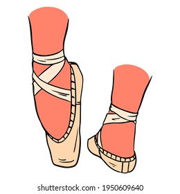 Dance shoes. Ballet pointe shoes. Pink pointe shoes on the leg.