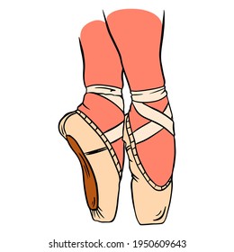 Zapatos de baile. Calzado de punta de ballet. Zapatos de punta rosada en la pierna.