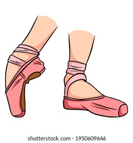 Dance shoes. Ballet pointe shoes. Pink pointe shoes on the leg.