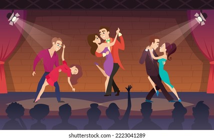 Espectáculo de baile. competencia de baile de salón de baile. Ilustraciones vectoriales de bailarinas en escena