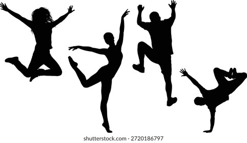 Dance silhouette vector collection, expressive poses, athletic movement, black human shapes, performance art, dynamic motion, editable design, isolated icons, celebration gesture, breakdance style, ballet form, energetic illustration