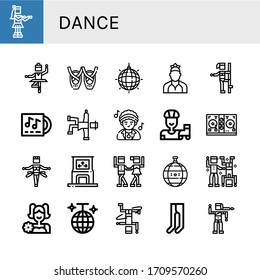 dance simple icons set. Contains such icons as Hula, Ballet, Mirror ball, Dancer, Pole dance, Lp, Hip hop, Disco, Roller skate, Disc jockey, can be used for web, mobile and logo