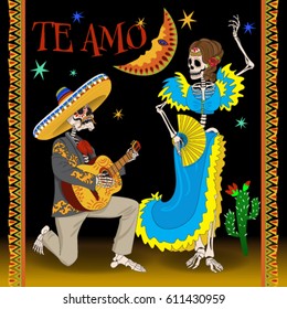 Dance of the skeletons. Mexican Festive Card. Mexican National Holiday card. Day of the Dead. Mexican skeleton