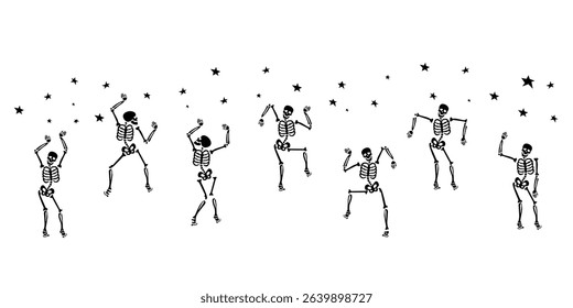 A dance of skeletons surrounded by stars. Drawing on the theme of Halloween in doodle style. Vector illustration