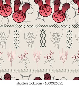 Dance spirit ethnic doodle ornament. Tea pink bunny, mountain of spirits, space ghosts, folklore elements, beige background. For all possible uses. For textiles, fabrics, fashion.