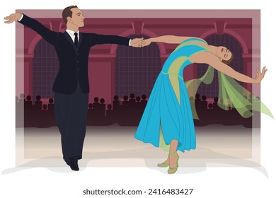 dance sport, american smooth competition, couple dancing with spectators in the background