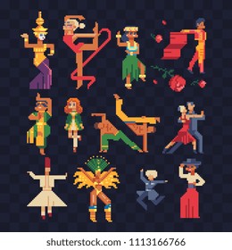 Dance and sport. People from different countries dancing national dances pixel art character, Brazilian dancer, tango and сaucasus dance man, capoeira vector illustration. Design stickers, app, logo.