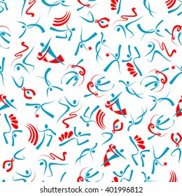 Dance sport and rhythmic gymnastics seamless pattern with dancing sportsmen, composed of swirling blue and red ribbons over white background. Sporting competition and ballroom dancing event theme