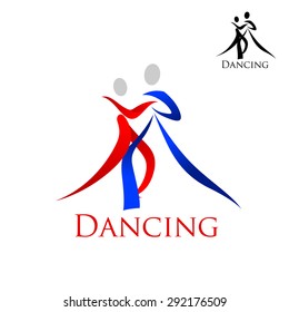 Dance sporting emblem with swirly blue and red silhouettes of dancing people with caption Dancing and small black variant