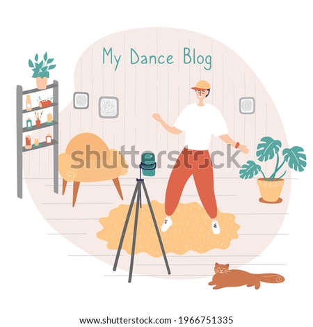 Dance star is recording video for his blog. Dance Challenge concept. Young man learning moves with online classes and tutorials. Male influencer writes video blog for subscribers. Vector illustration