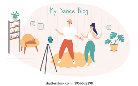 Dance stars are recording videos for their blog. Dance Challenge concept. Young man and woman learn moves with online classes and tutorials. Influencers write video blog for subscribers. Vector